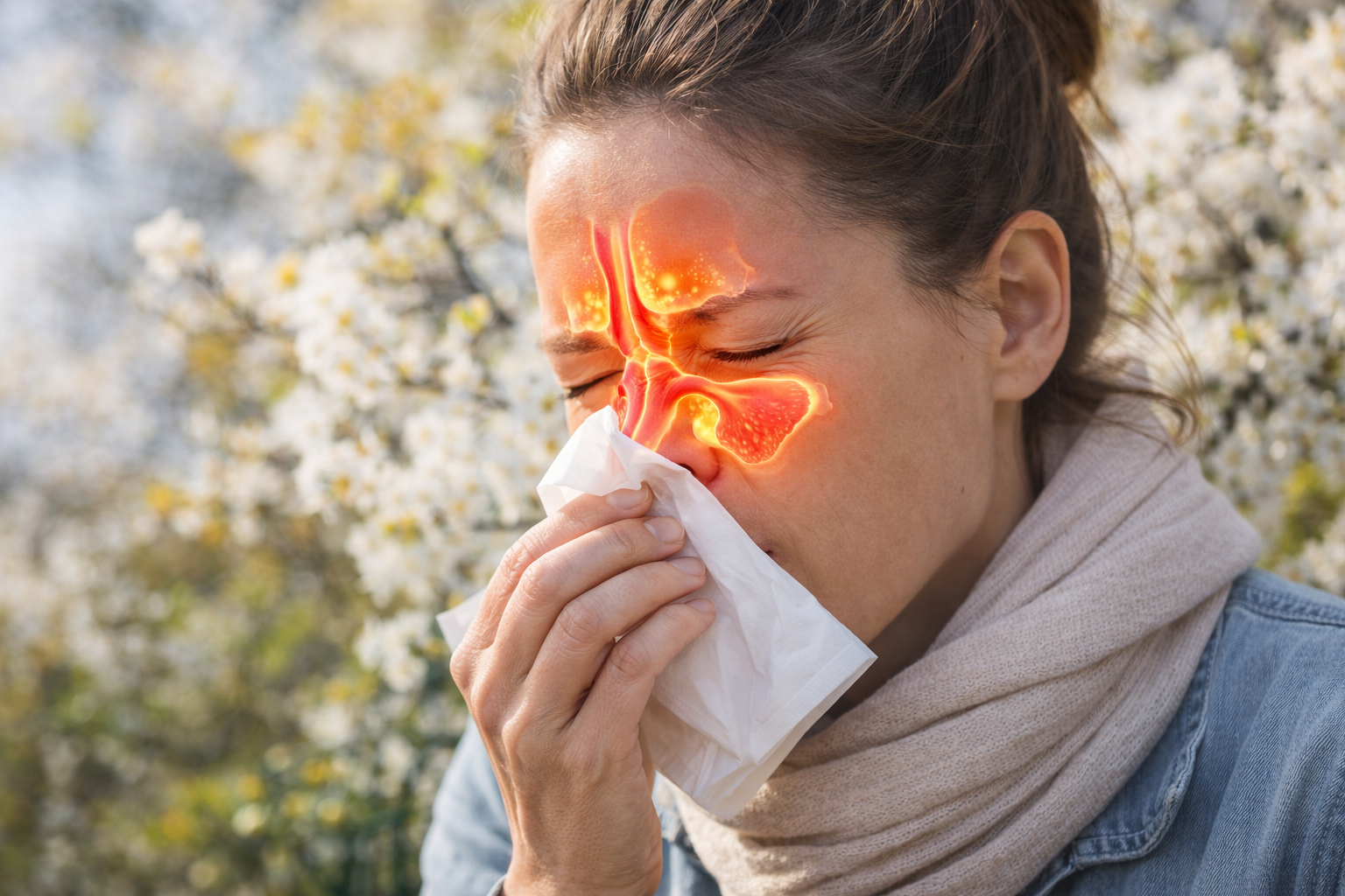 Femme souffrant d’allergies saisonnières avec inflammation des sinus au printemps