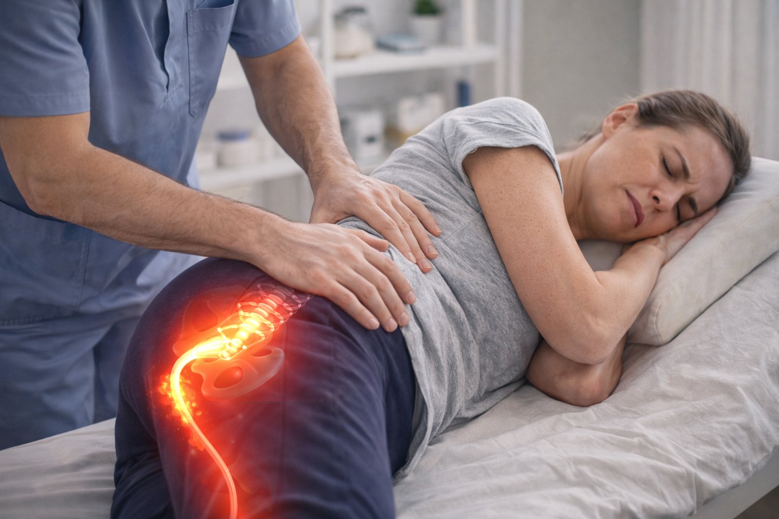 Douleur du nerf sciatique au niveau du bassin et du bas du dos lors d’une consultation chez un ostéopathe