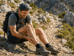 randonneur souffrant d'une douleur à la cheville sur un
sentier en montagne